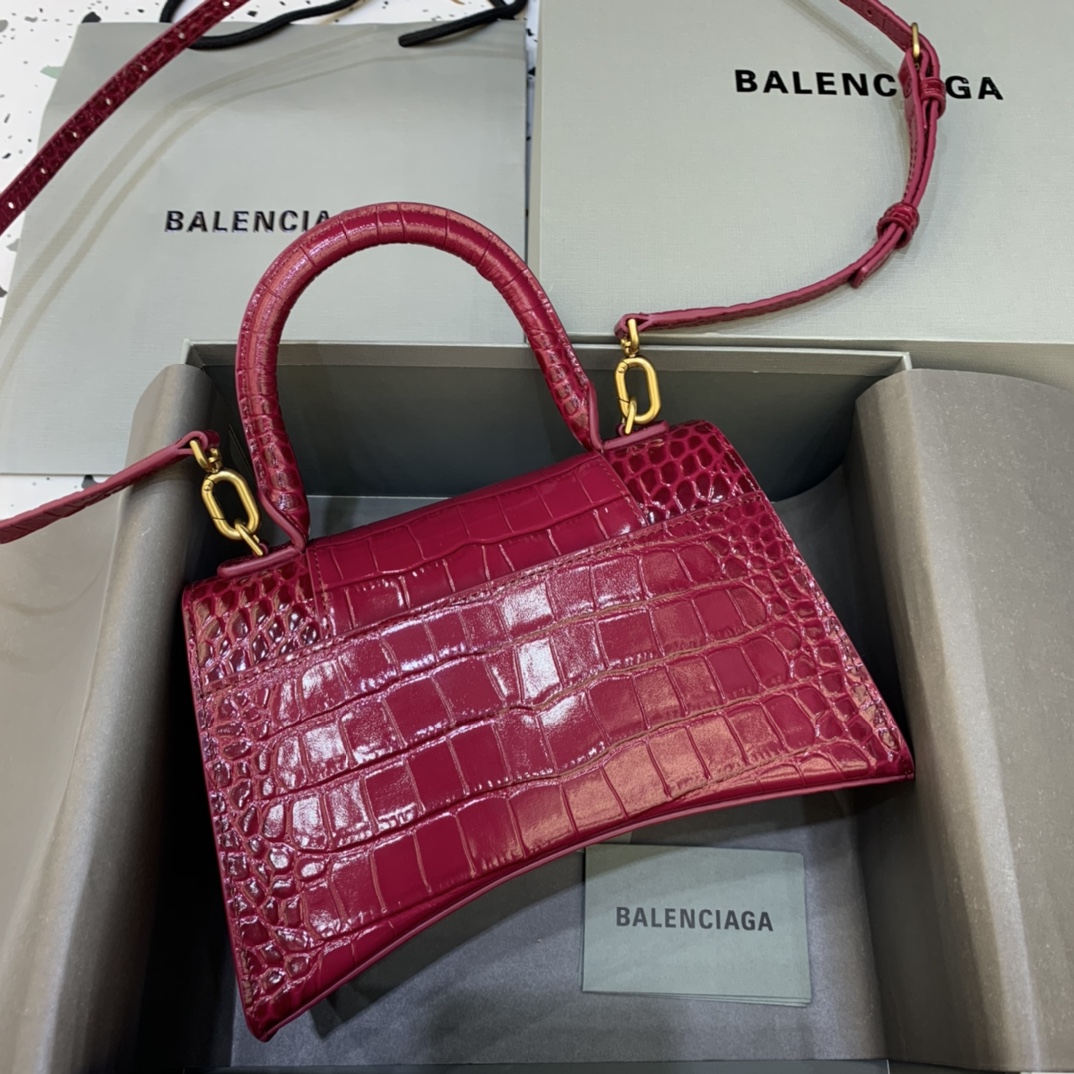 Balenciaga Hourglass Small Handbag Crocodile Embossed Shoulder Bag Burgundy